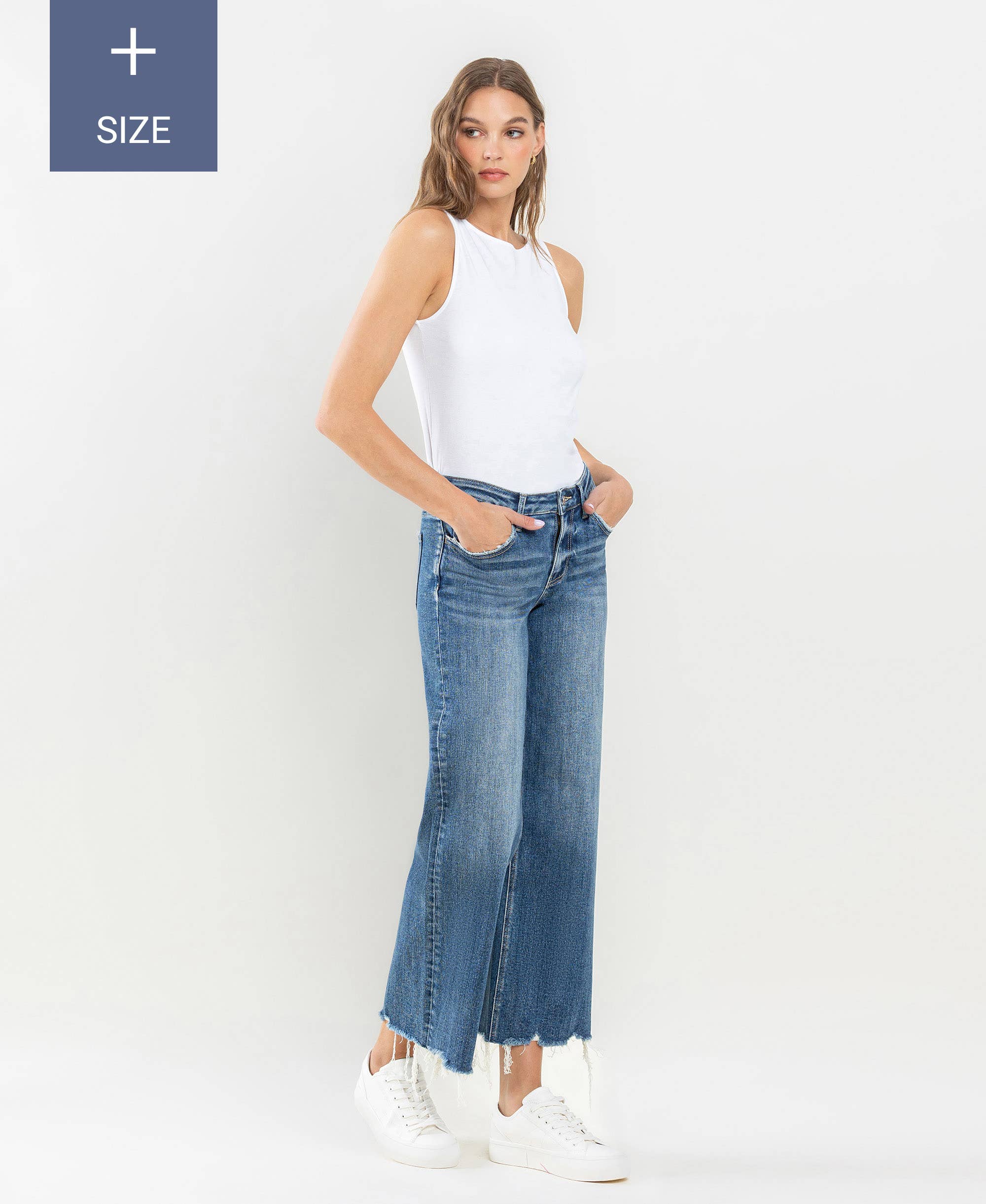 PLUS SIZE MID RISE RAW HEM WIDE LEG JEANS