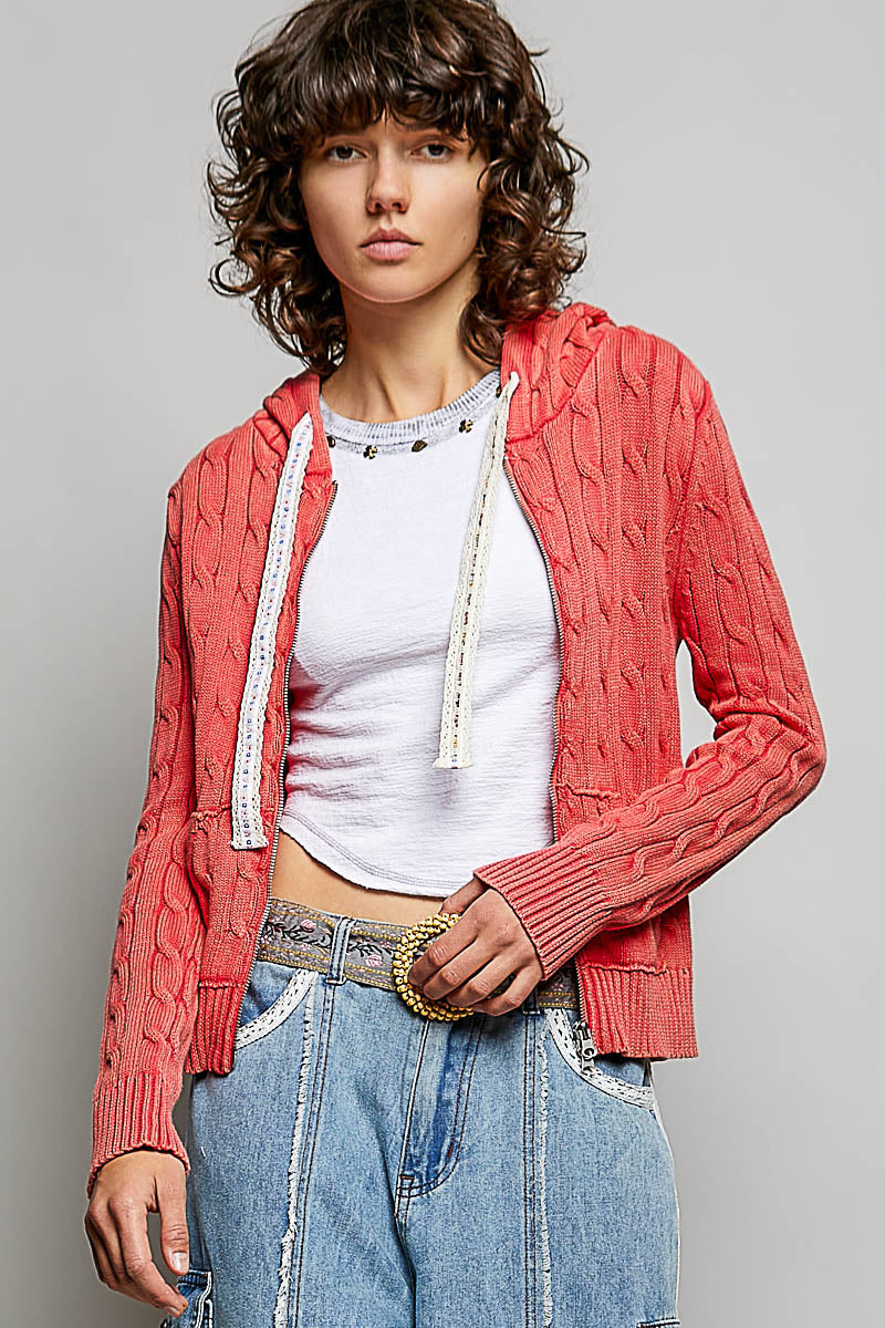 Cable-Knit Zip Front Hooded Jacket by Pol