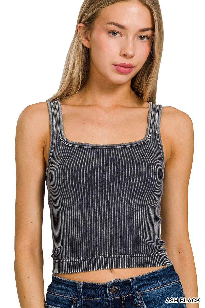2 Way Neckline Washed Ribbed Cropped Tank - The Bronze Butterfly