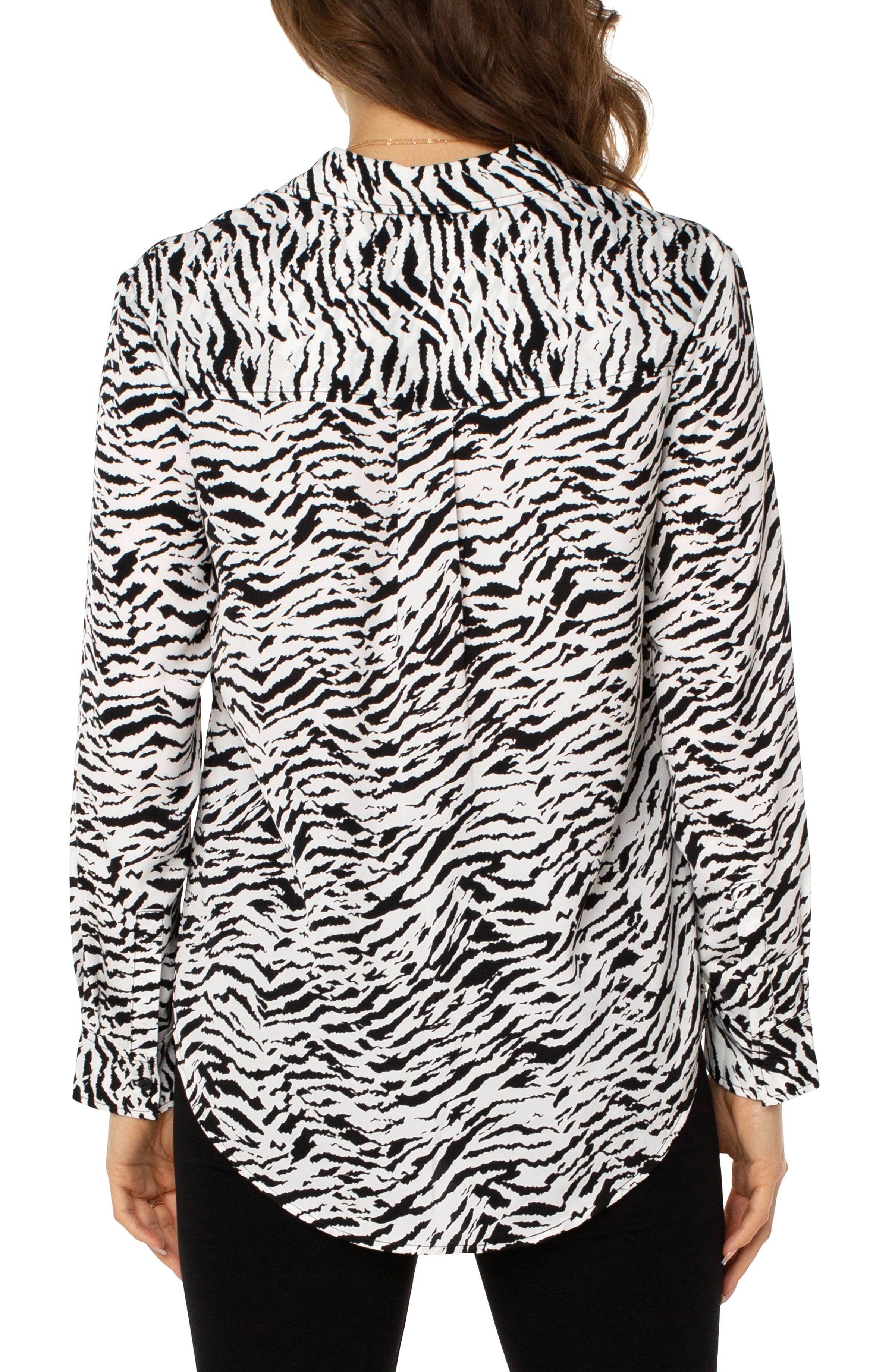 Abstract Tiger Print Point Collar Long Sleeve Button Front Top