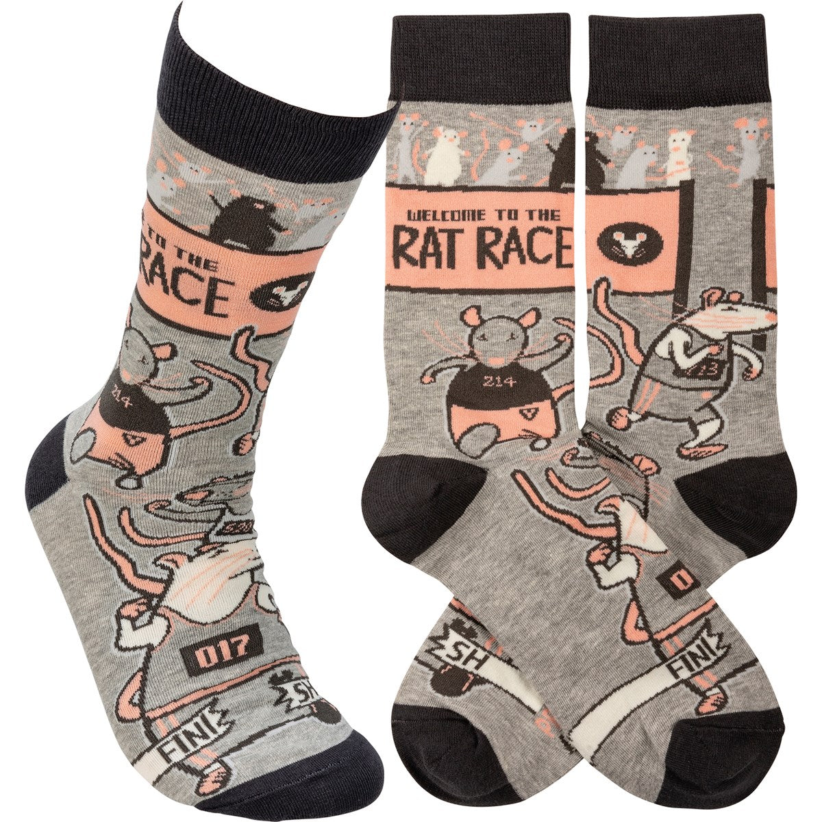 Gray and Black sock with Welcome to rat race
