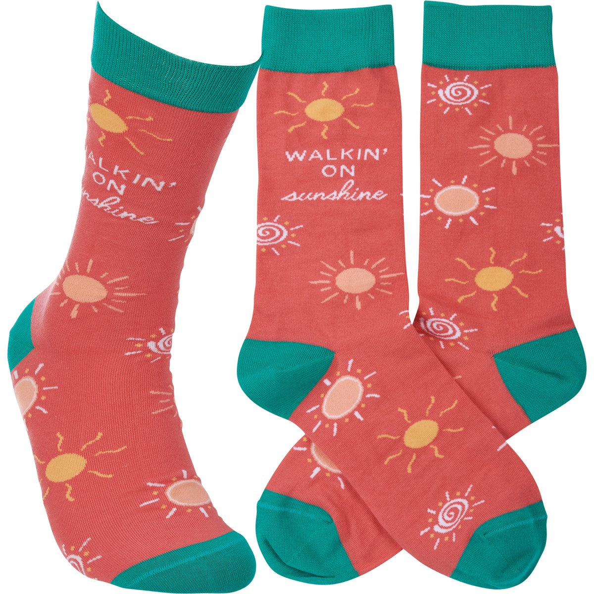 Orange & teal sock with "walking on sunshine"