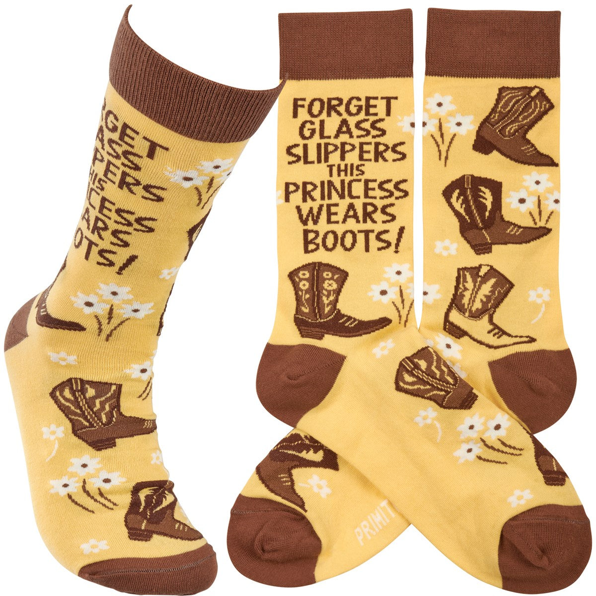 Brown & yellow sock with forget glass slippers this princess wears boots.