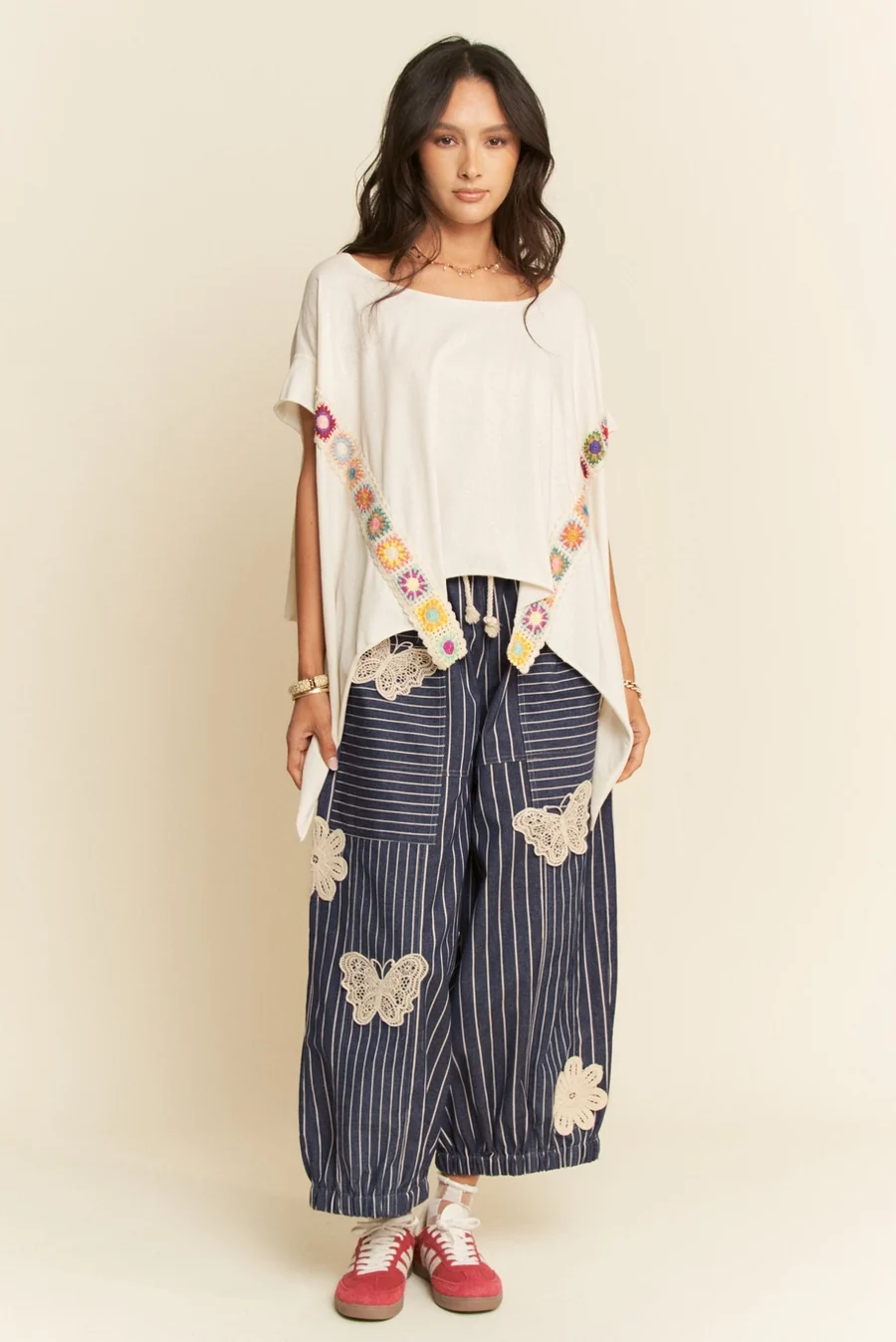 Crochet Applique Striped Barrel Pants - The Bronze Butterfly