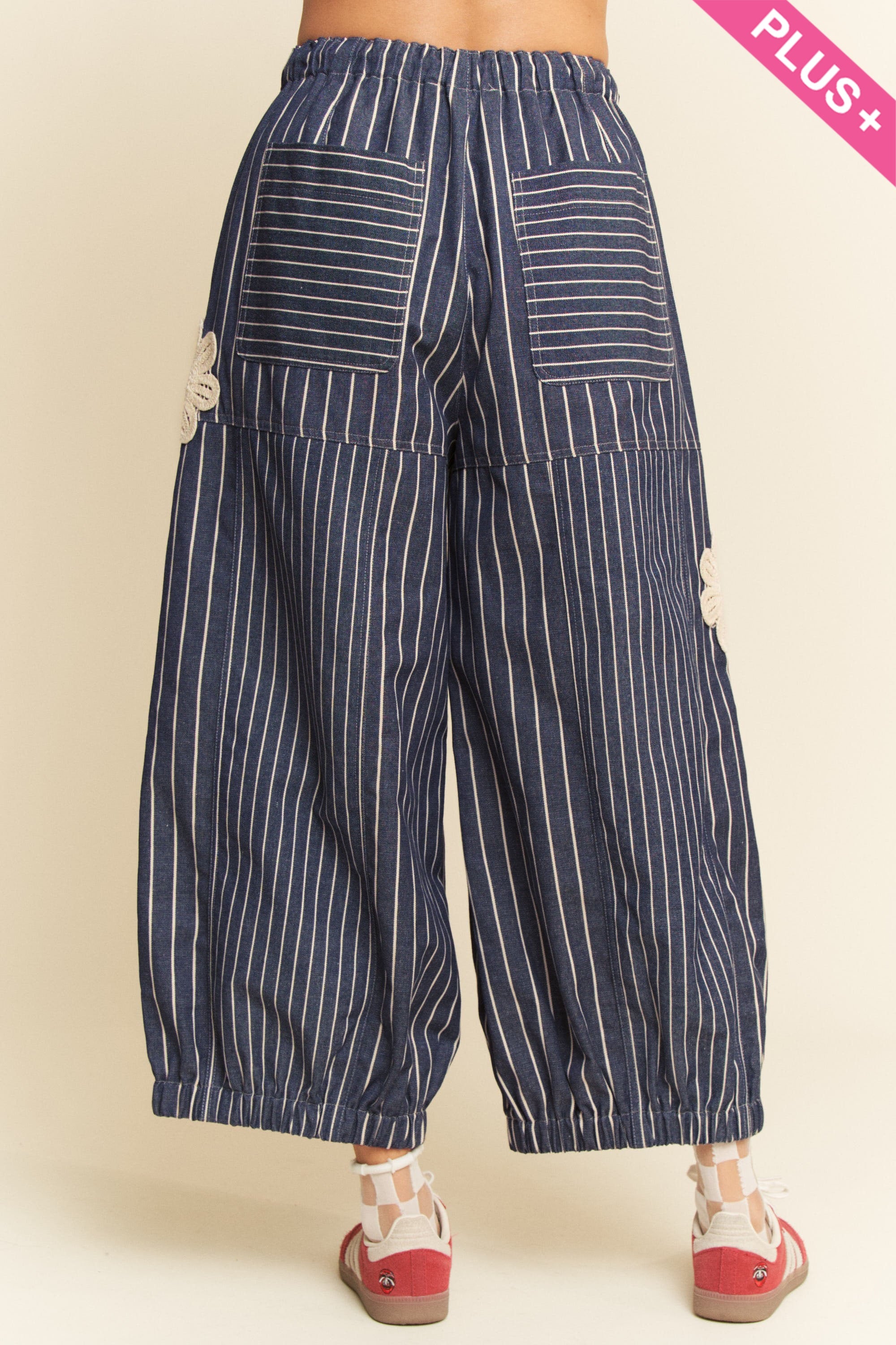 Crochet Applique Striped Barrel Pants - Plus - The Bronze Butterfly
