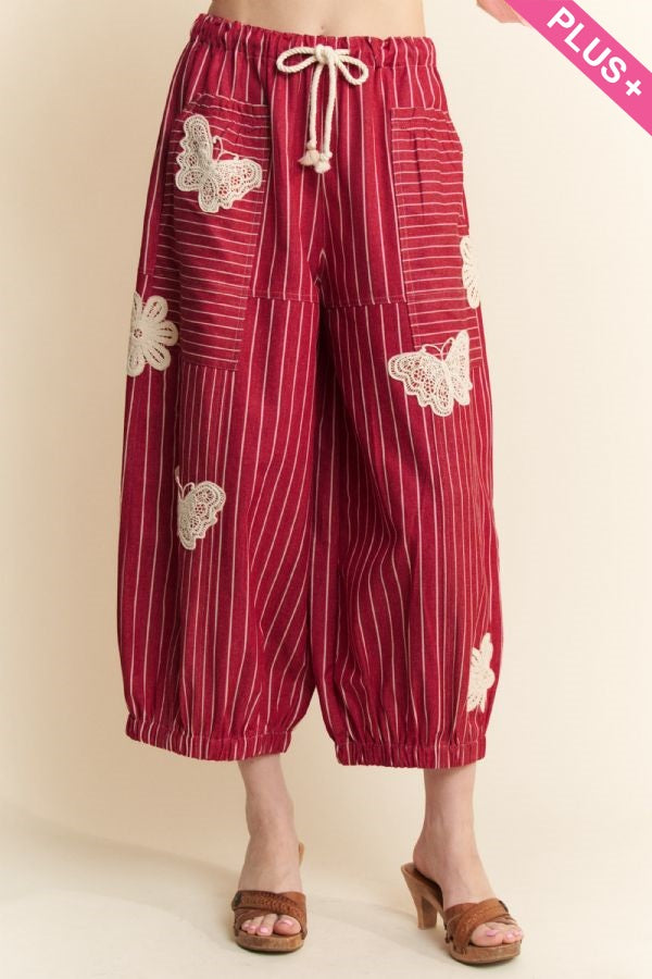 Crochet Applique Striped Barrel Pants - Plus - The Bronze Butterfly