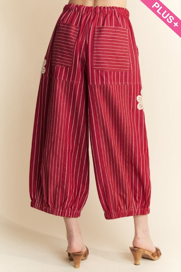Crochet Applique Striped Barrel Pants - Plus - The Bronze Butterfly