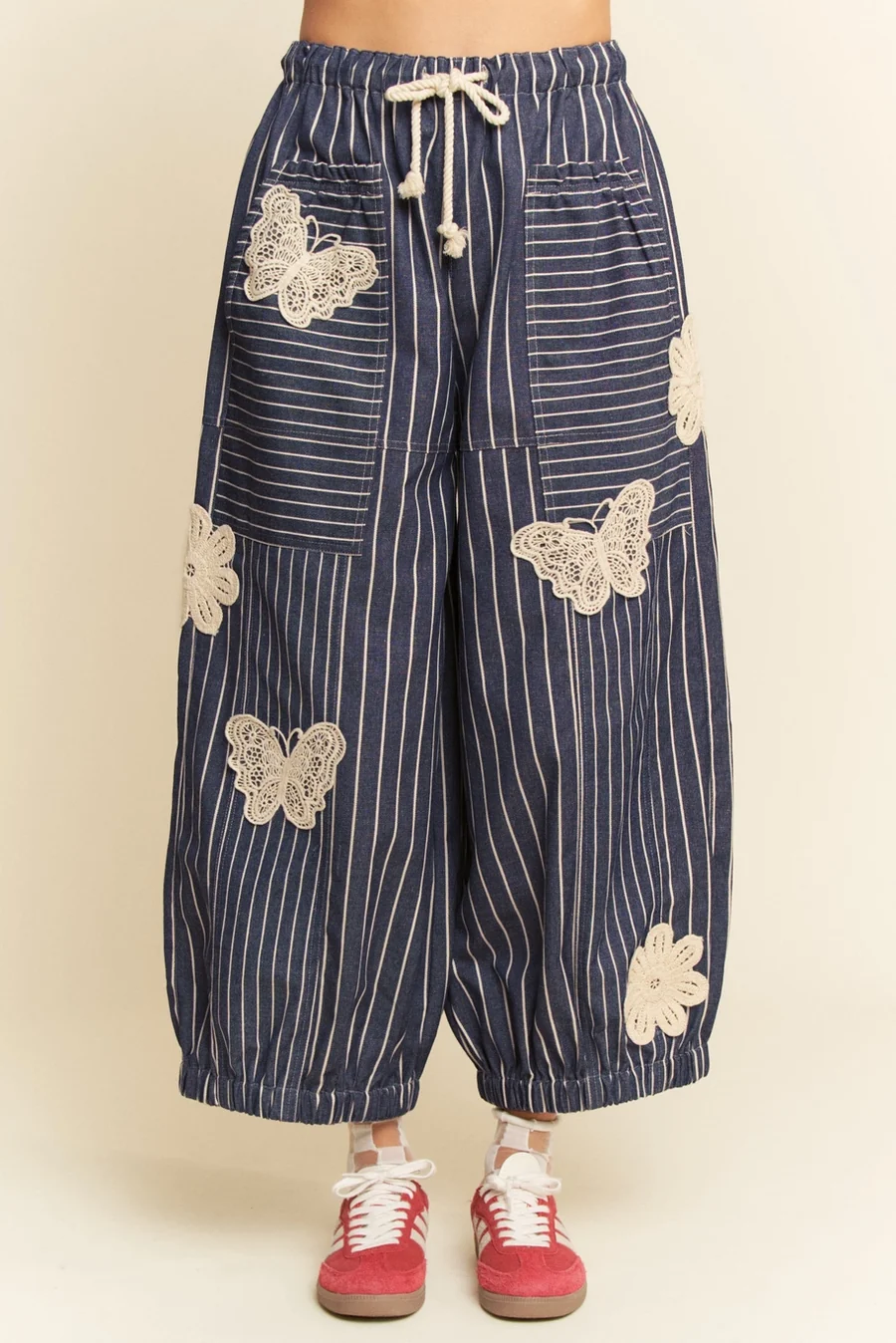 Crochet Applique Striped Barrel Pants - The Bronze Butterfly