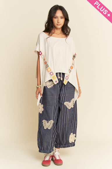 Crochet Applique Striped Barrel Pants - Plus - The Bronze Butterfly
