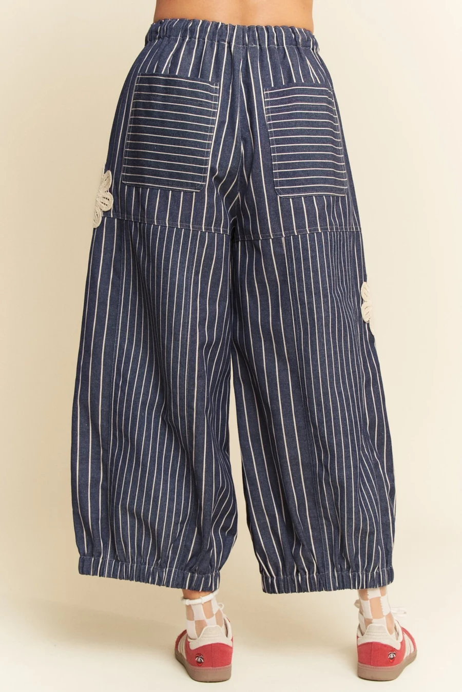 Crochet Applique Striped Barrel Pants - The Bronze Butterfly