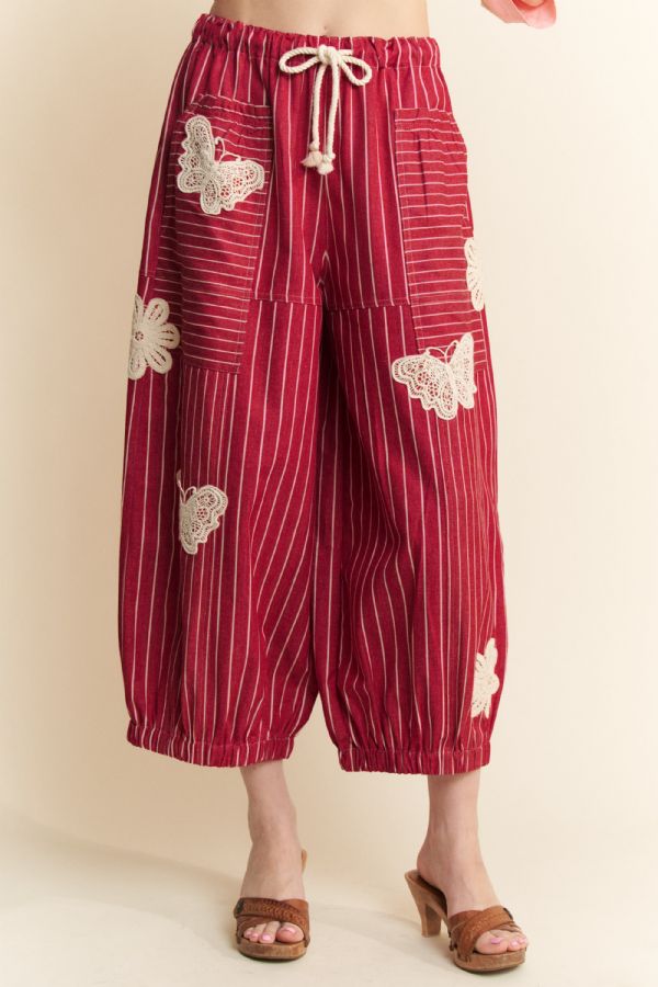 Crochet Applique Striped Barrel Pants - The Bronze Butterfly