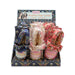 A retail display box containing three packaged necklaces, each wrapped in patterned fabric and labeled 'Necklace Hair Curler.' The display box has a floral navy header and base, and the necklaces inside are visible through the front window.