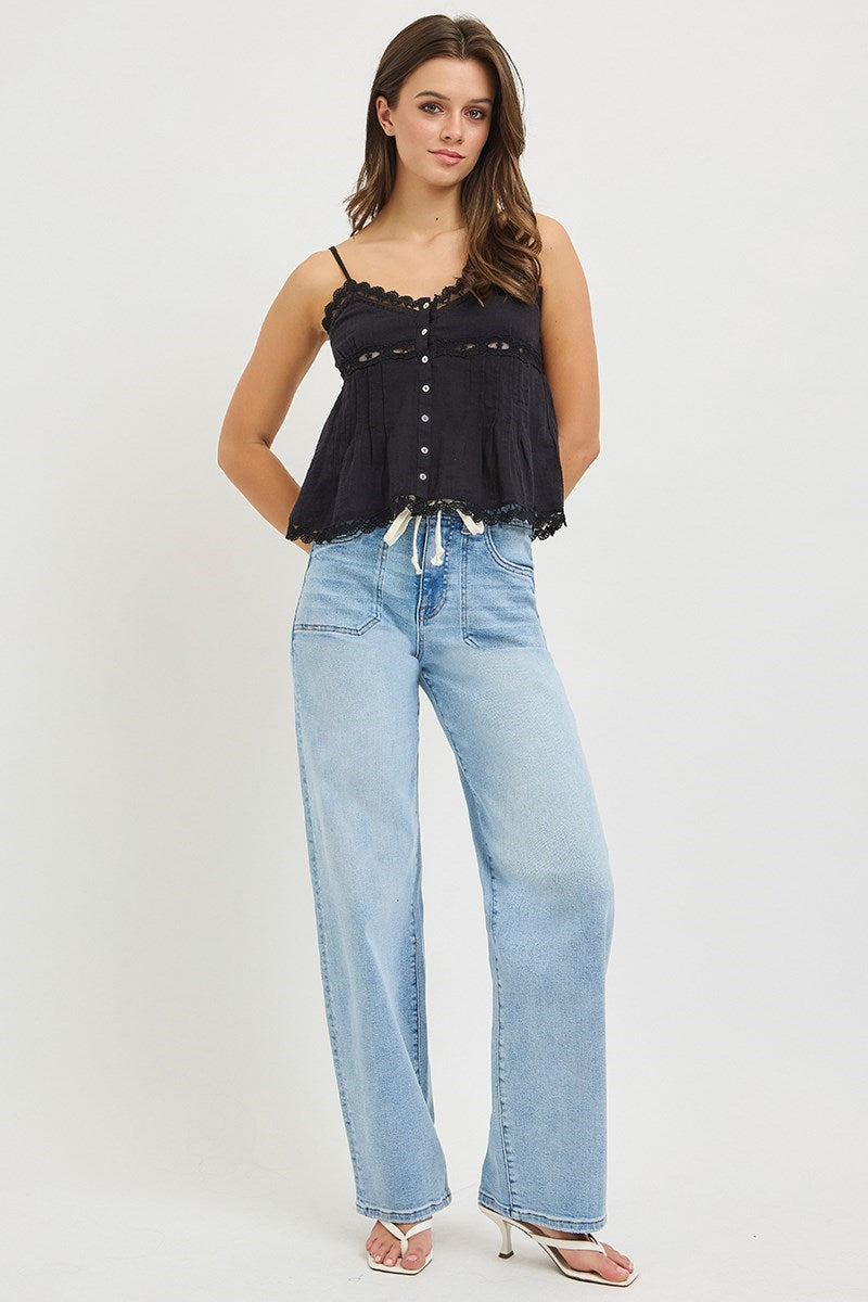 High Rise Wide Baggy Jeans with Waistband Tie | Risen - The Bronze Butterfly