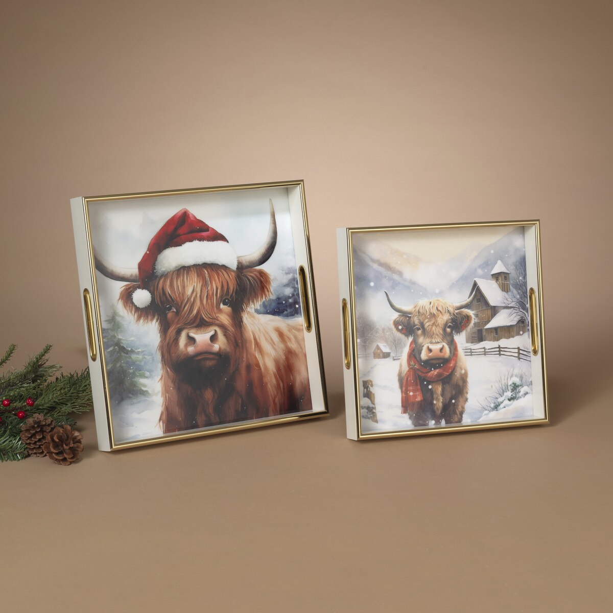 Highland Cow Holiday Nesting Trays | Set of 2 | Farmhouse Christmas Decor - The Bronze Butterfly