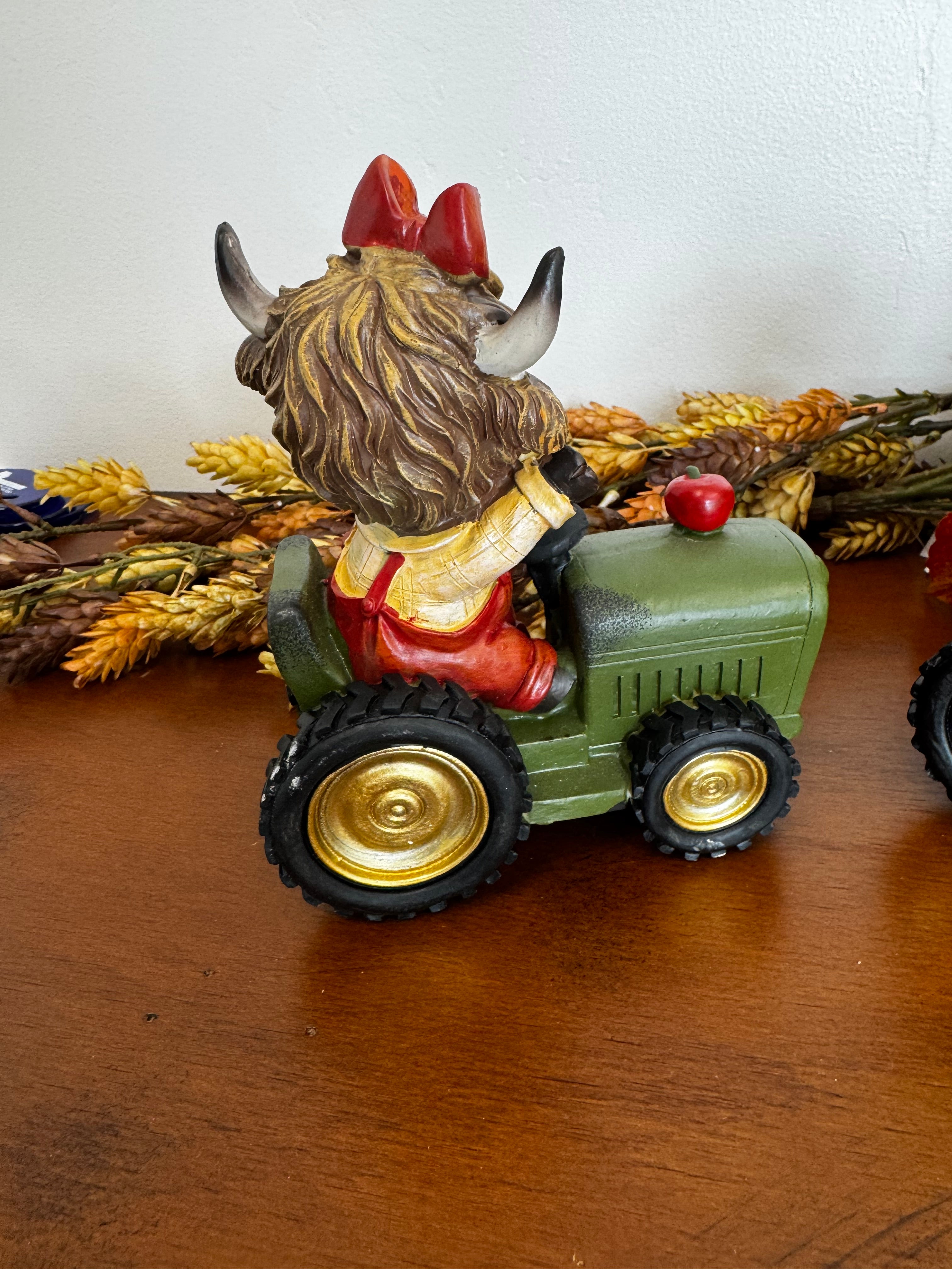 Resin Harvest Highland Cow on Tractor Figurine