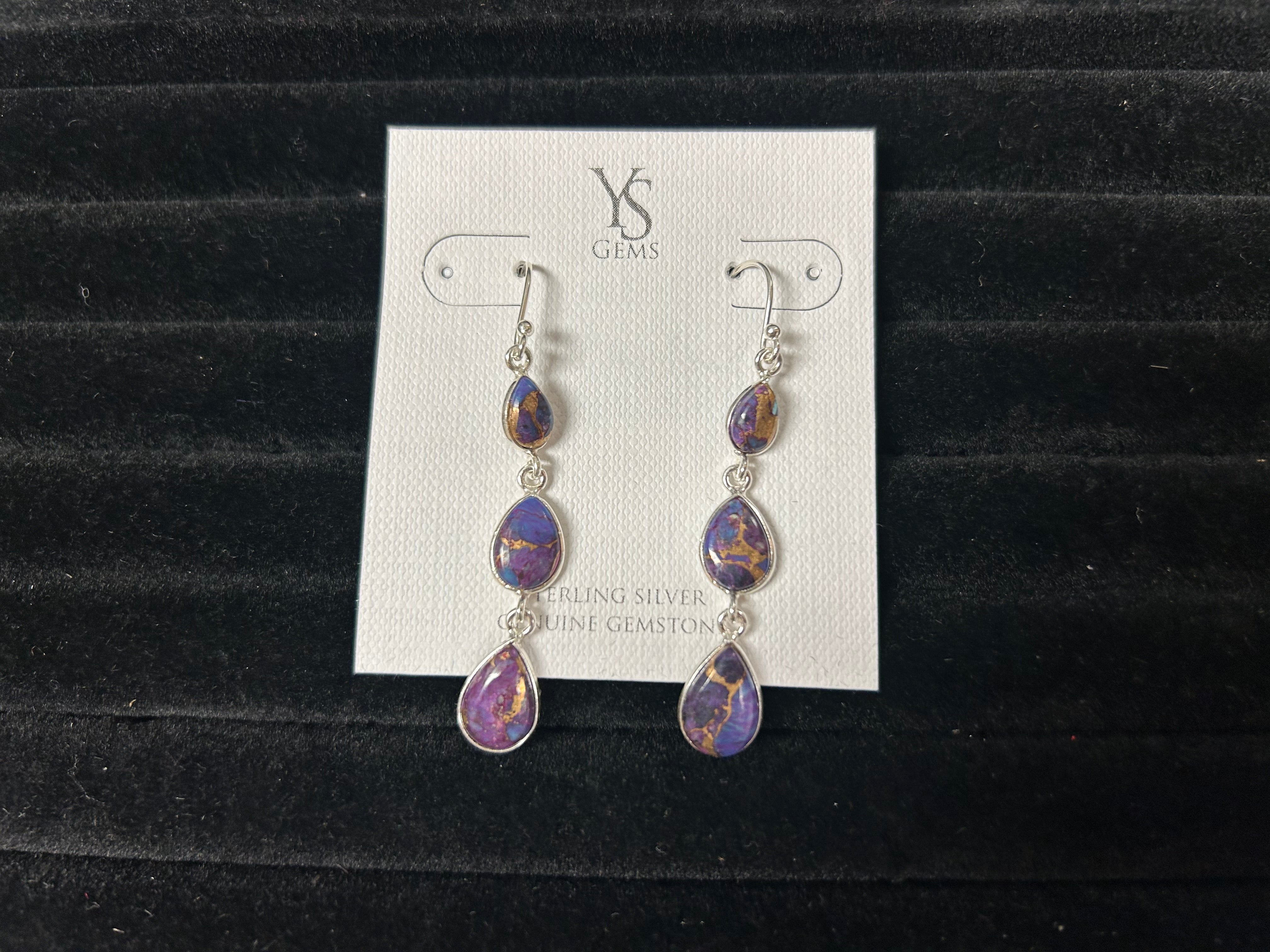 Purple Copper Turquoise/Sterling Triple Drop Earrings