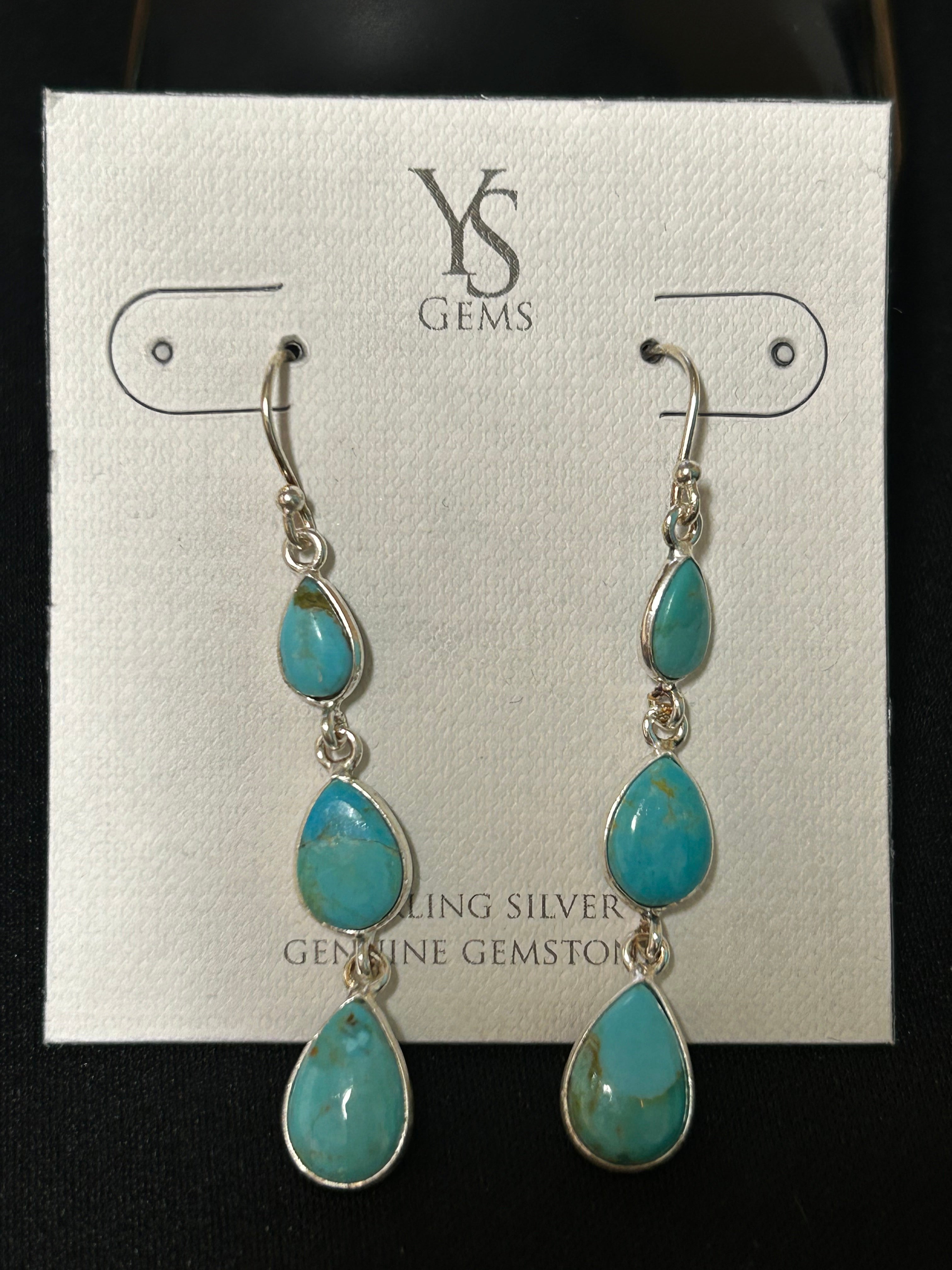 Mohave Turquoise/Sterling Silver Three Stone Drop Earrings