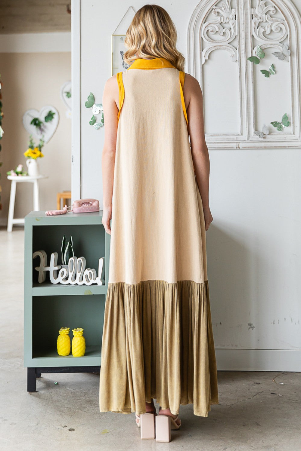 WASHED FABRIC MIXED SLEEVELESS MAXI DRESS