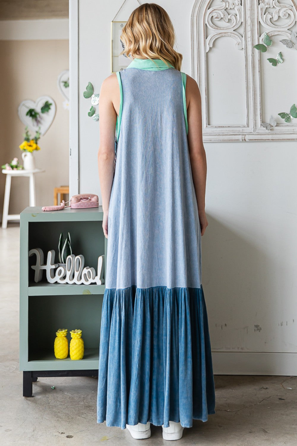 WASHED FABRIC MIXED SLEEVELESS MAXI DRESS