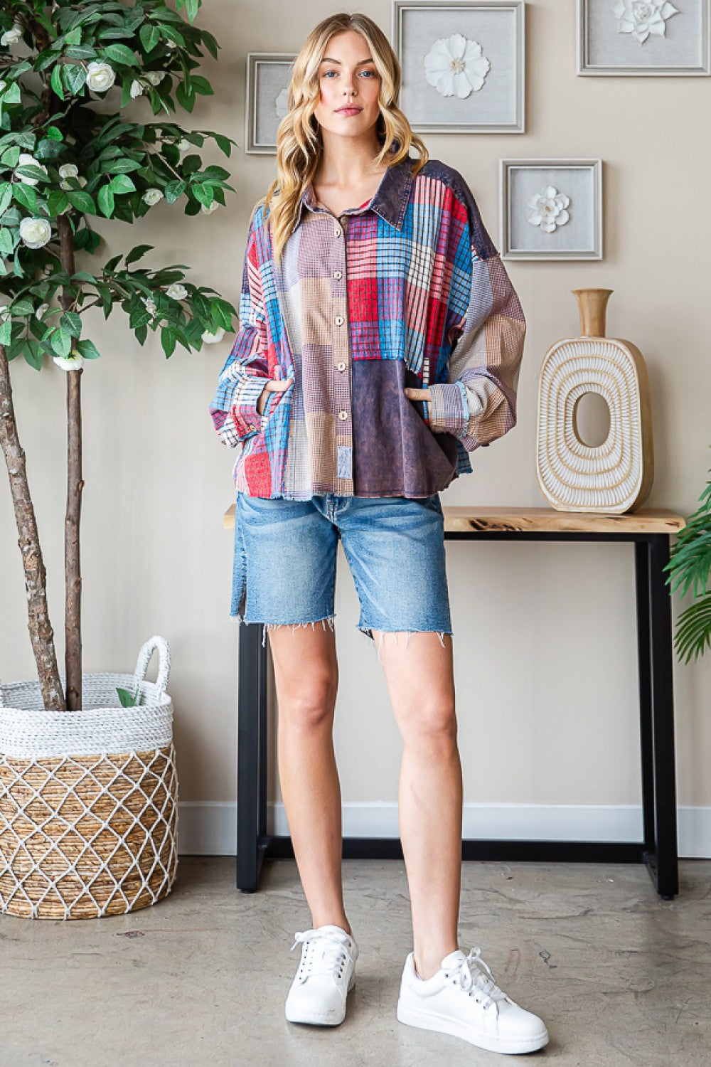 OLI AND HALI WASHED PLAID MIX SHIRT TOP