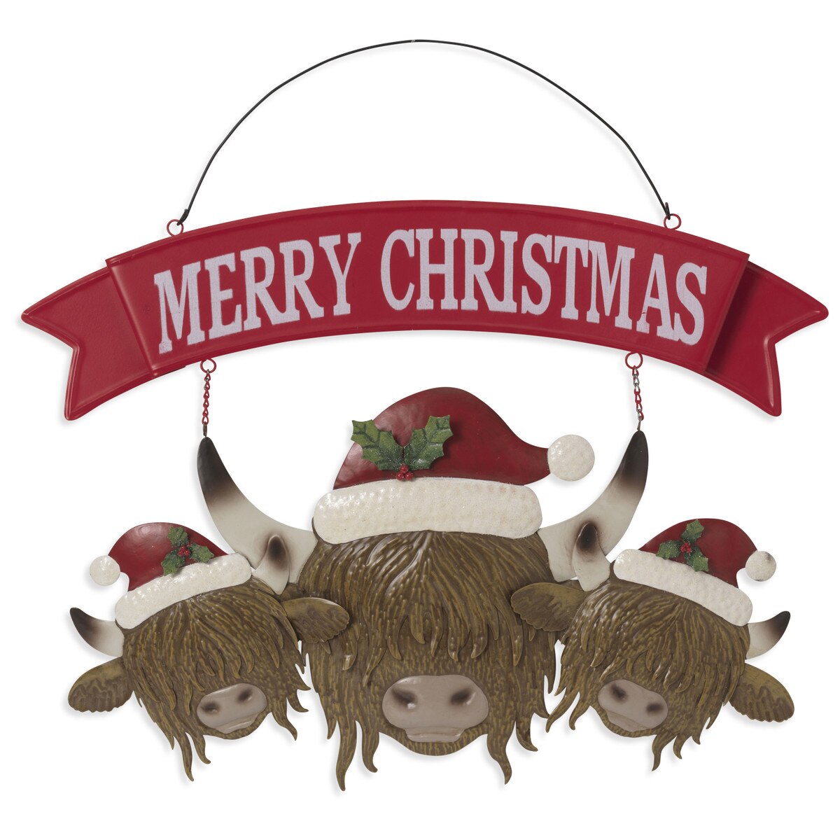 Metal Holiday Hanging Highland Cows with Sign | 20" Wall Decor - The Bronze Butterfly