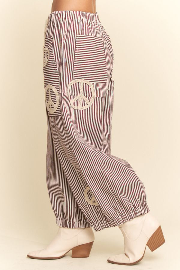 Peace Sign Applique Striped Balloon Pants - The Bronze Butterfly