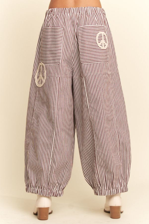 Peace Sign Applique Striped Balloon Pants - The Bronze Butterfly