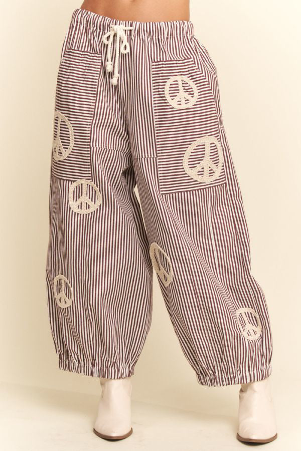 Peace Sign Applique Striped Balloon Pants - The Bronze Butterfly