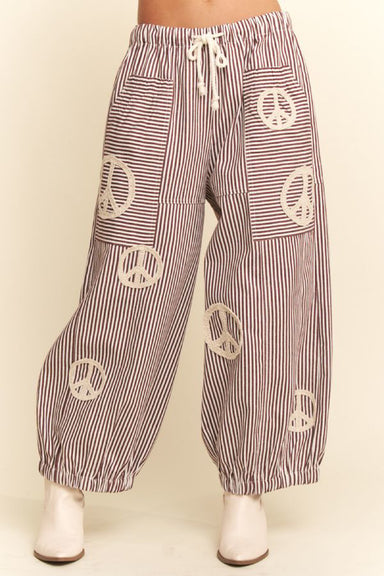 Peace Sign Applique Striped Balloon Pants - The Bronze Butterfly