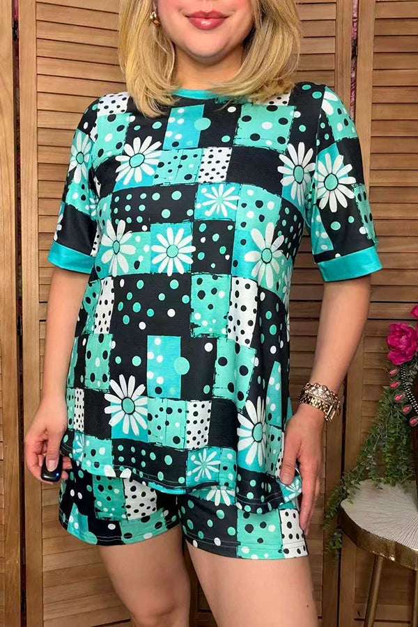 Ranch Patchwork Print Top & Shorts Set - Daisy & Turquoise - The Bronze Butterfly