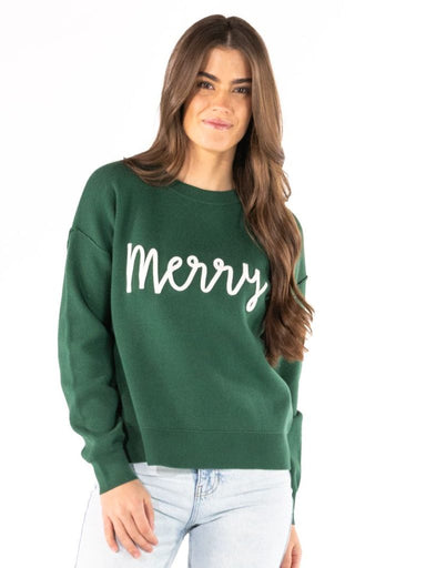Simply Southern Merry Long Sleeve Holiday Sweater | Green - The Bronze Butterfly