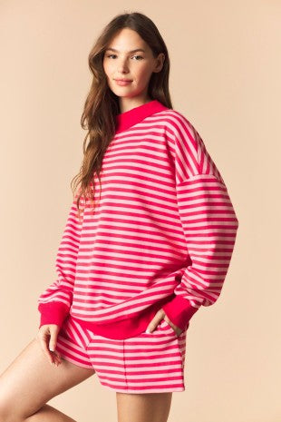 Stripe Mock Neck Brushed Sweatshirt & Shorts Set in Coral/Light Pink - The Bronze Butterfly