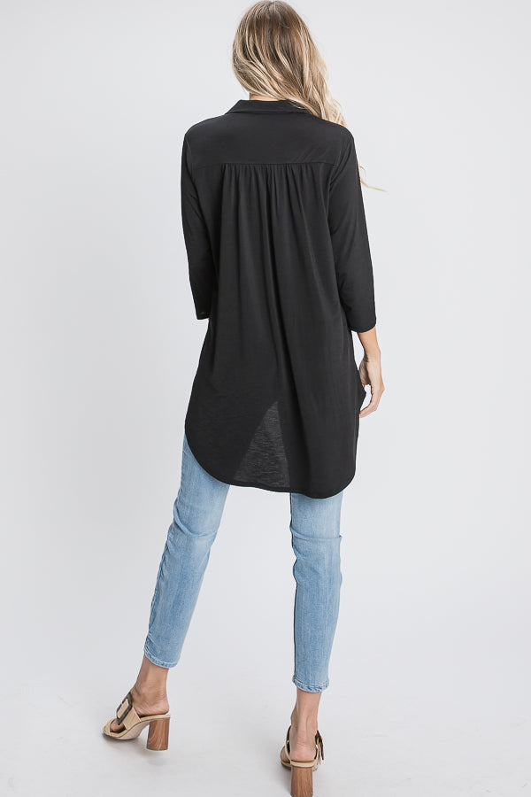 Three-Quarter Sleeve Mandarin Collar Hi-Low Top - The Bronze Butterfly