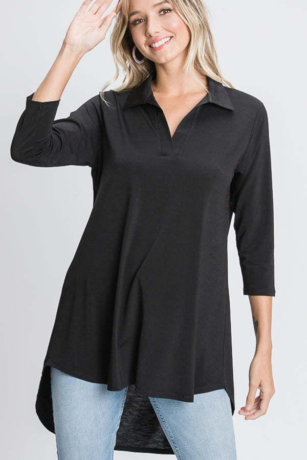 Three-Quarter Sleeve Mandarin Collar Hi-Low Top - The Bronze Butterfly