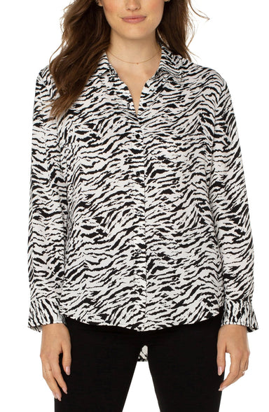 Abstract Tiger Print Point Collar Long Sleeve Button Front Top - The Bronze Butterfly