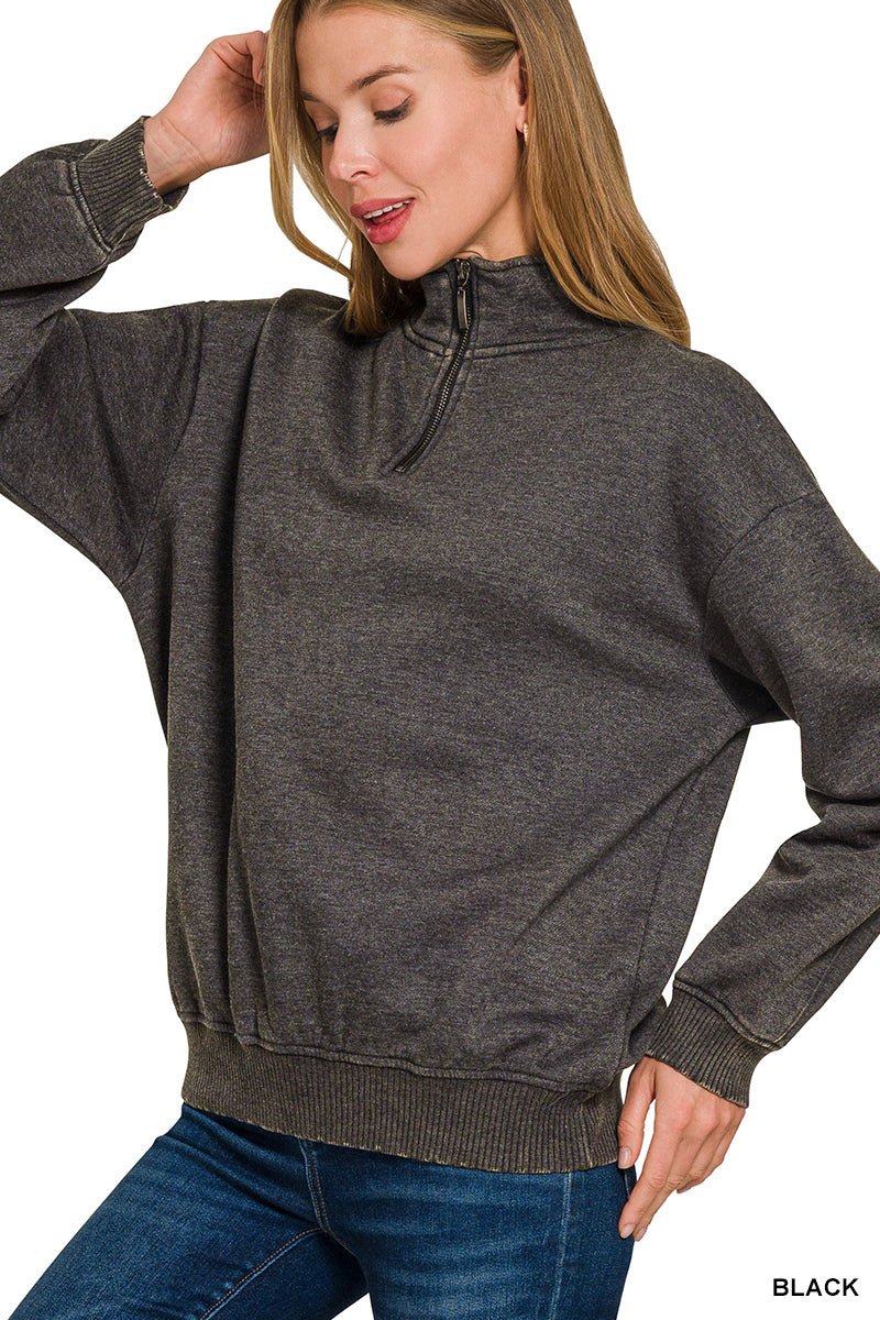 Acid Wash Fleece Half Zip Pullover - The Bronze Butterfly