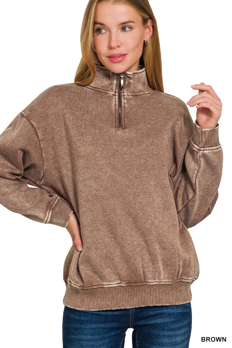 Acid Wash Fleece Half Zip Pullover - The Bronze Butterfly