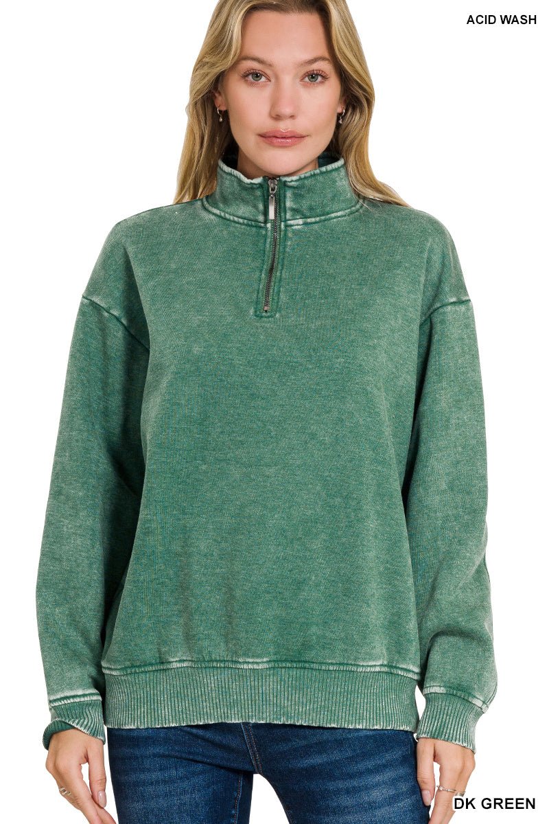 Acid Wash Fleece Half Zip Pullover - The Bronze Butterfly