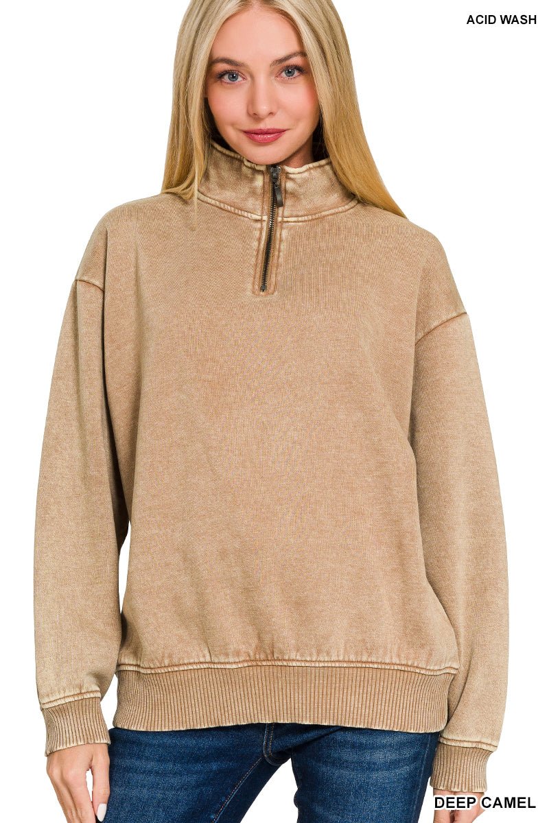 Acid Wash Fleece Half Zip Pullover - The Bronze Butterfly