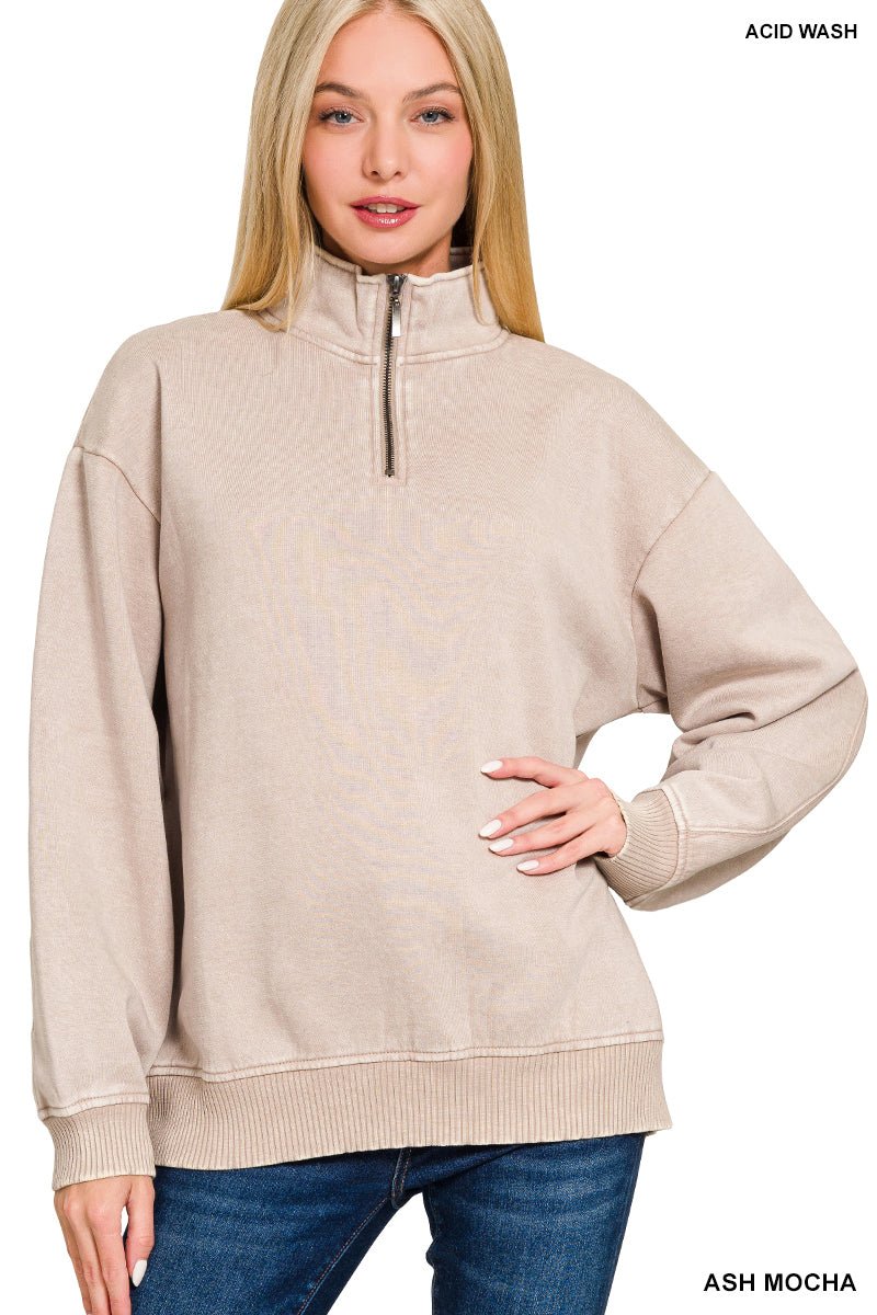 Acid Wash Fleece Half Zip Pullover - The Bronze Butterfly