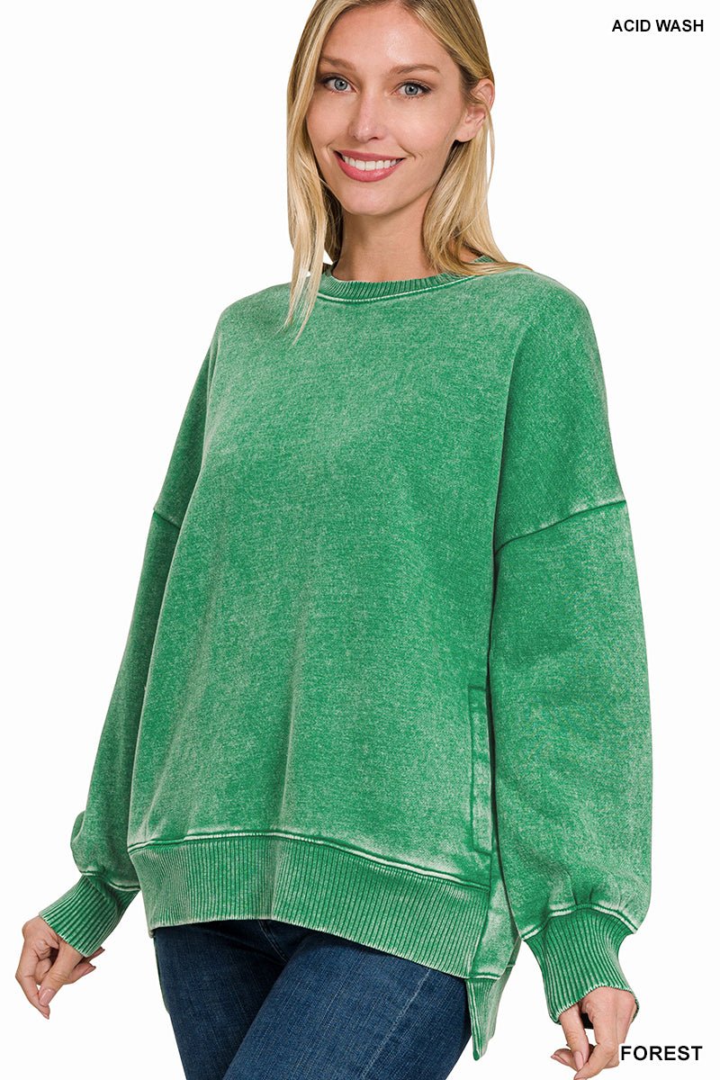 Acid Wash Fleece Hi - Low Hem Pullover - The Bronze Butterfly