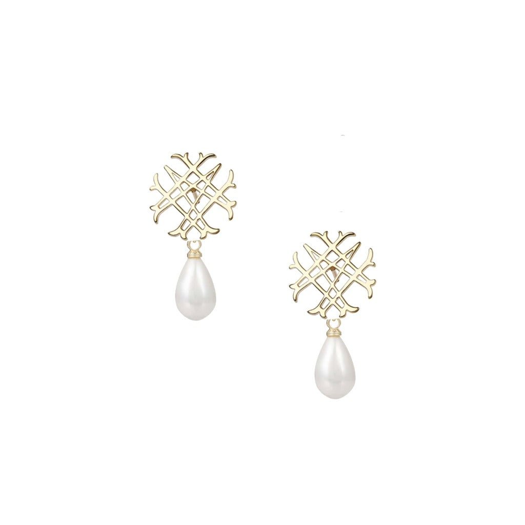 Adorned Logo Pearl Drop Earrings Gold - The Bronze Butterfly