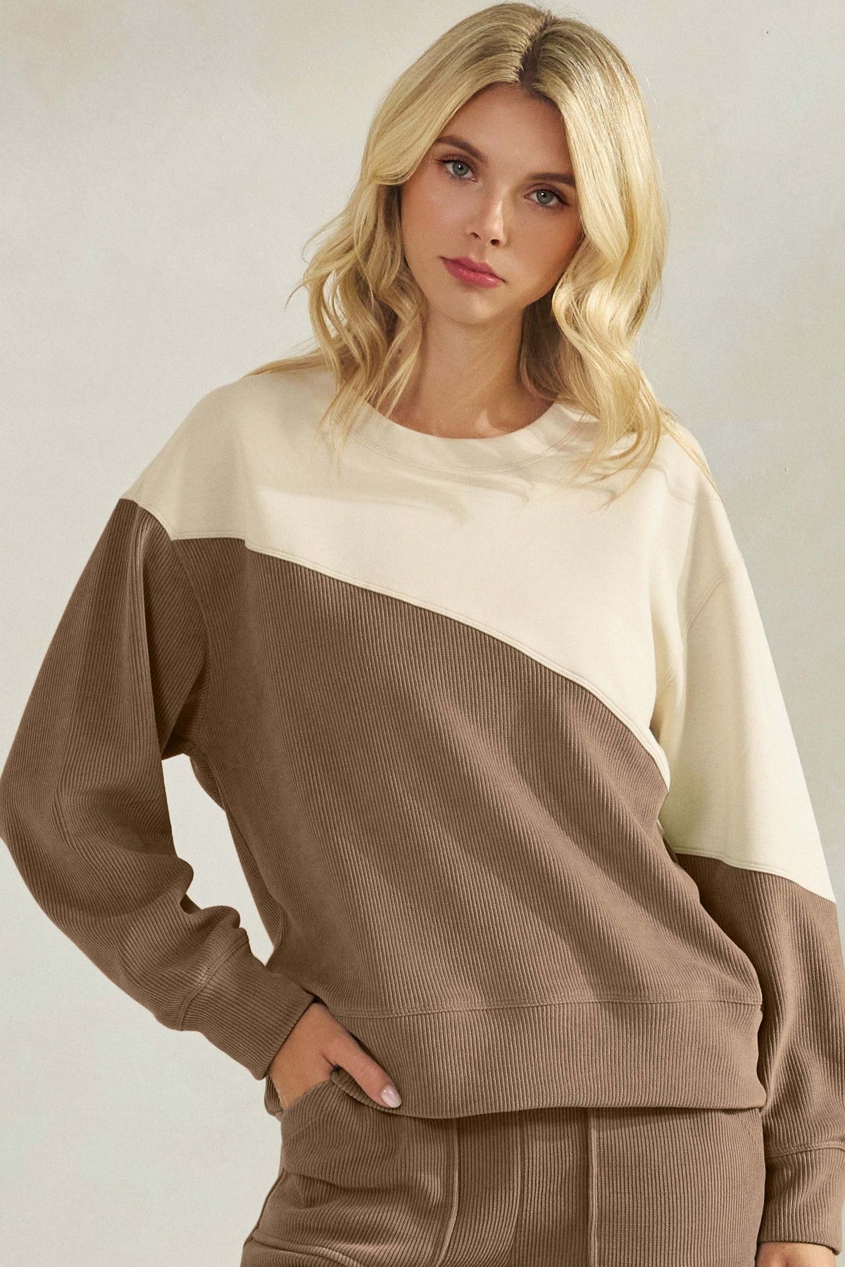 Asymmetrical Two Tone Corduroy Pullover Sweatshirt - The Bronze Butterfly