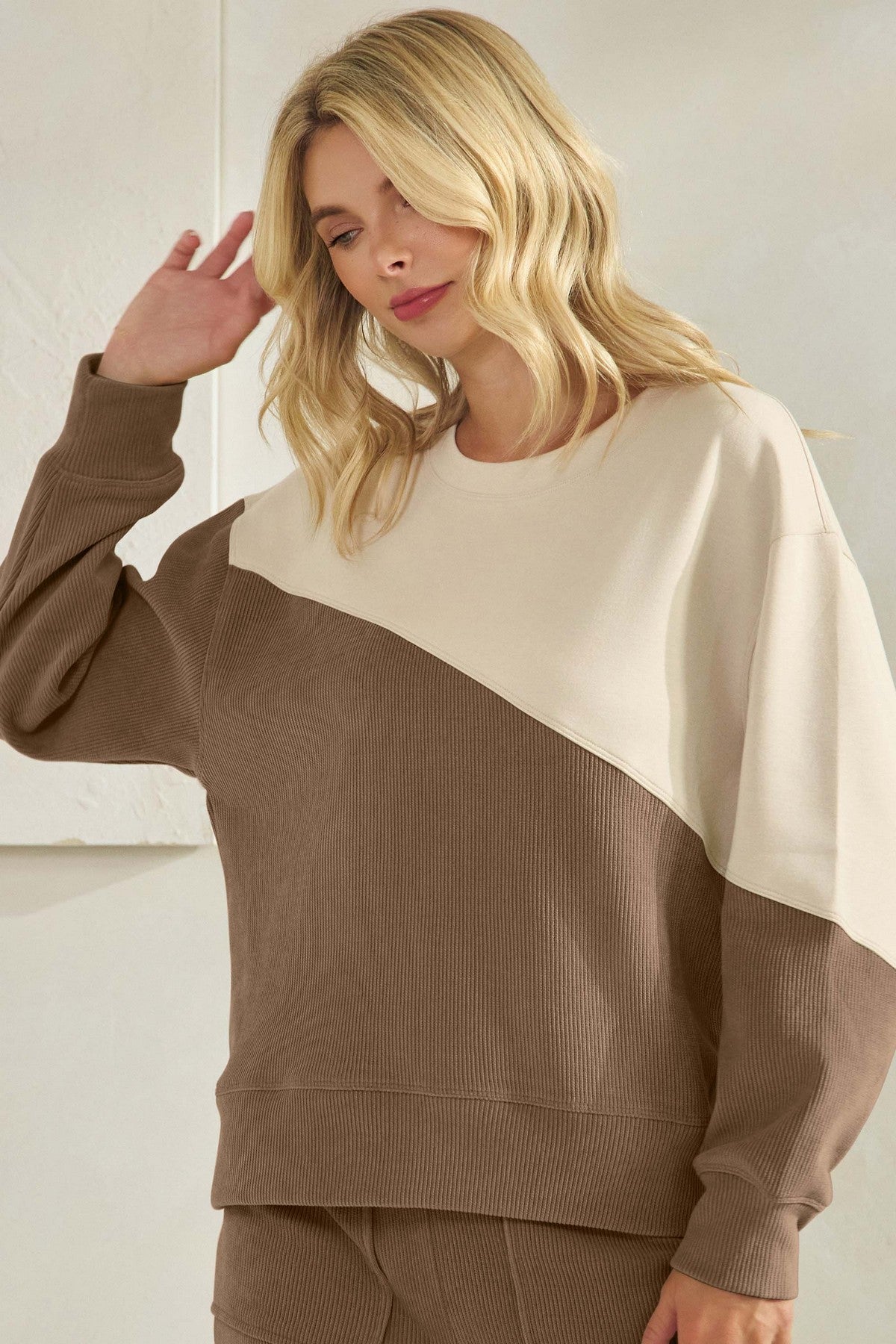 Asymmetrical Two Tone Corduroy Pullover Sweatshirt - The Bronze Butterfly