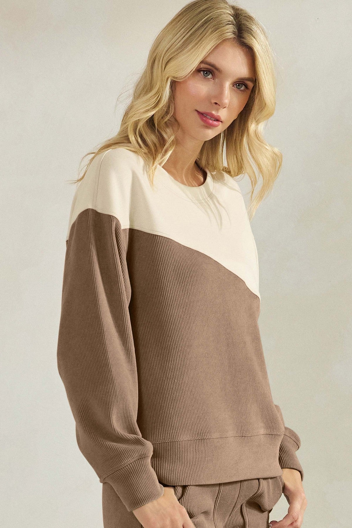 Asymmetrical Two Tone Corduroy Pullover Sweatshirt - The Bronze Butterfly