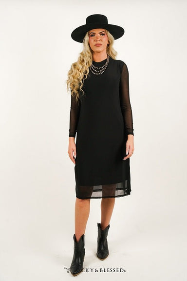 Black Mesh Long Sleeve Lined Dress - The Bronze Butterfly