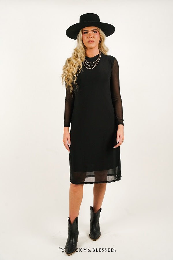 Black Mesh Long Sleeve Lined Dress - The Bronze Butterfly