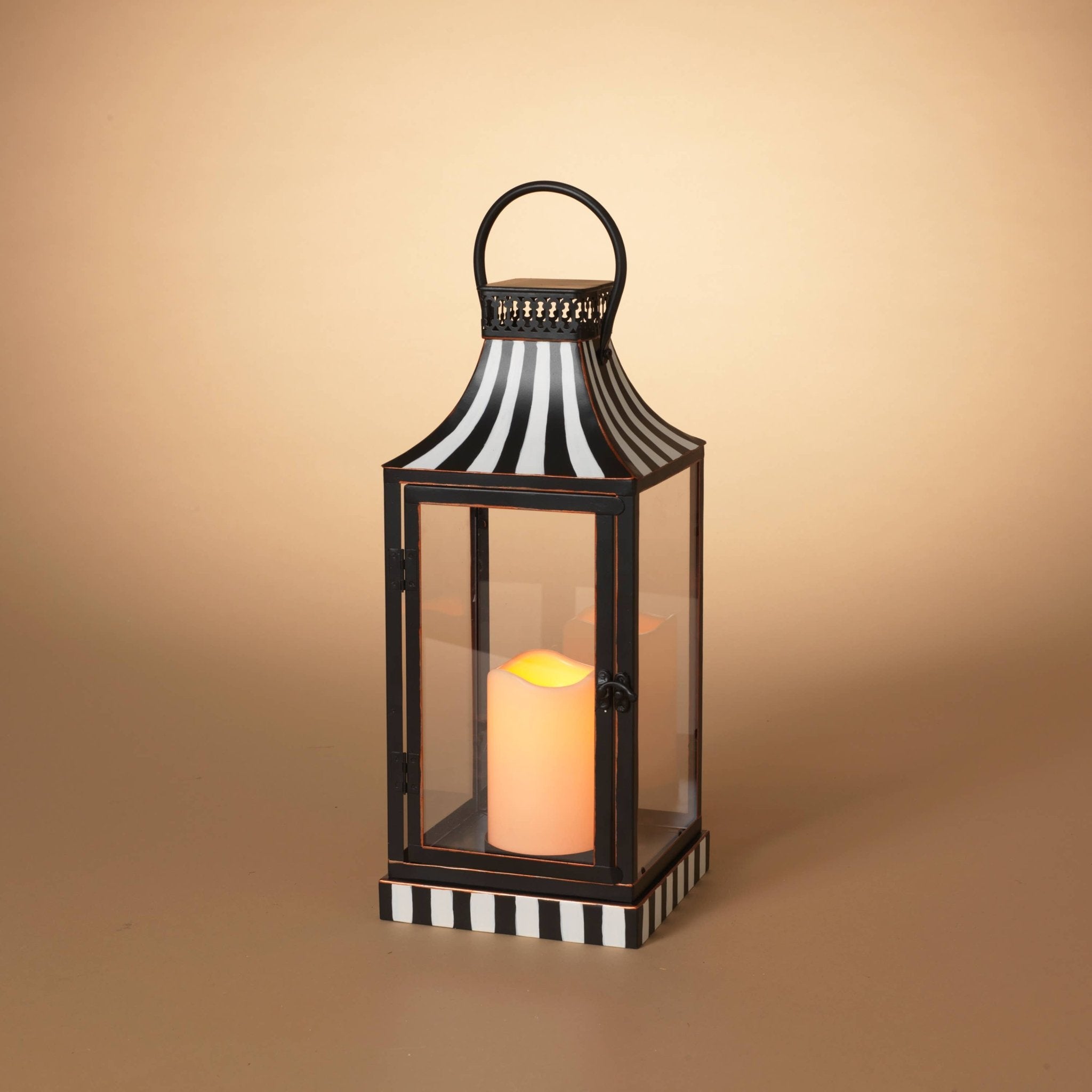 Black & White Lighted Metal Holiday Lantern w/LED Candle, 15.3" - The Bronze Butterfly