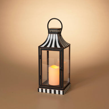 Black & White Lighted Metal Holiday Lantern w/LED Candle, 15.3" - The Bronze Butterfly