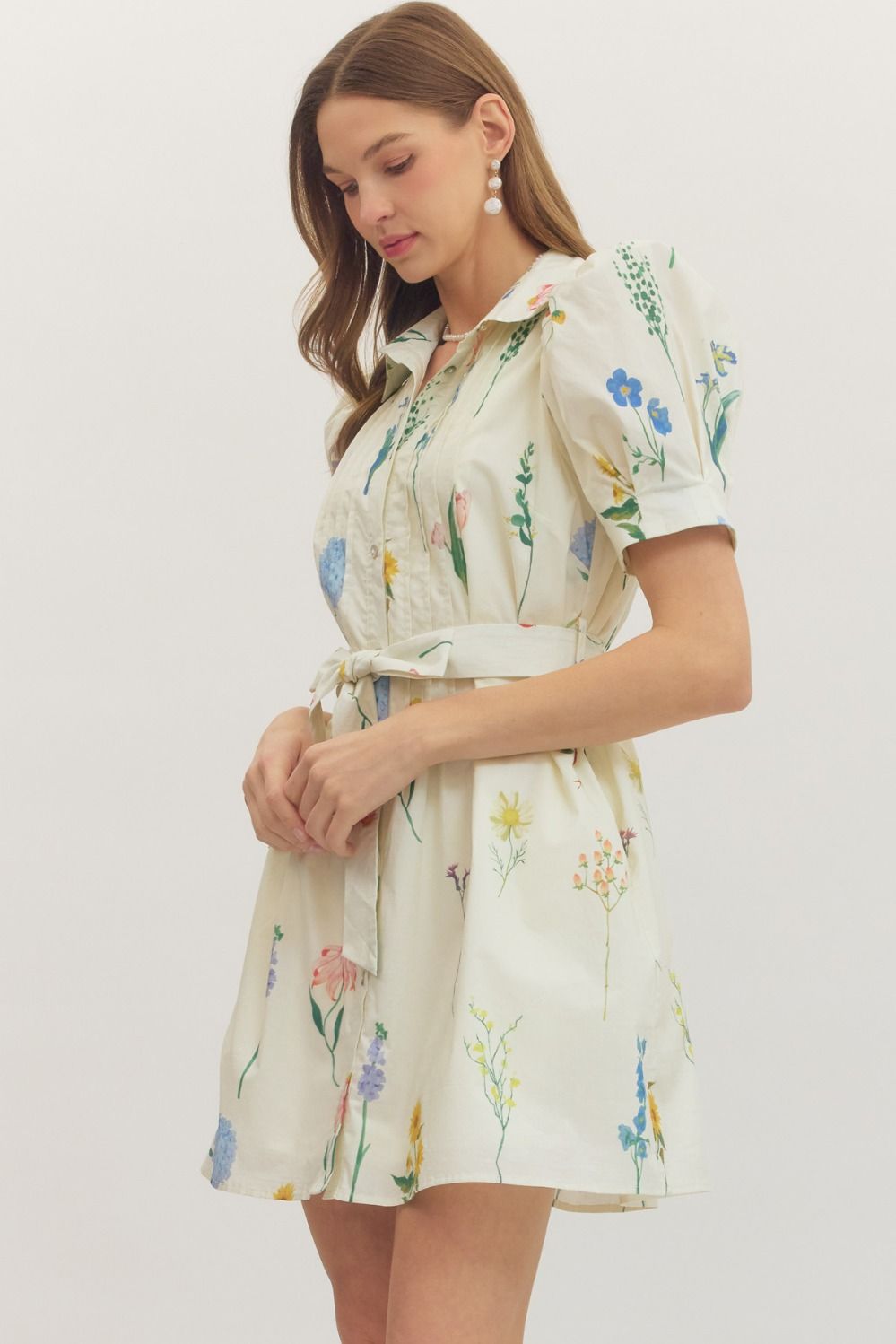 Botanical Print Puff Sleeve Mini Dress - The Bronze Butterfly